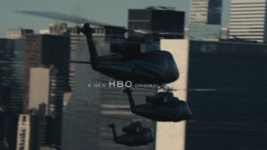 A shot of helicopters flying over New York City, taken from a drone. It's a shot from the HBO show Succession